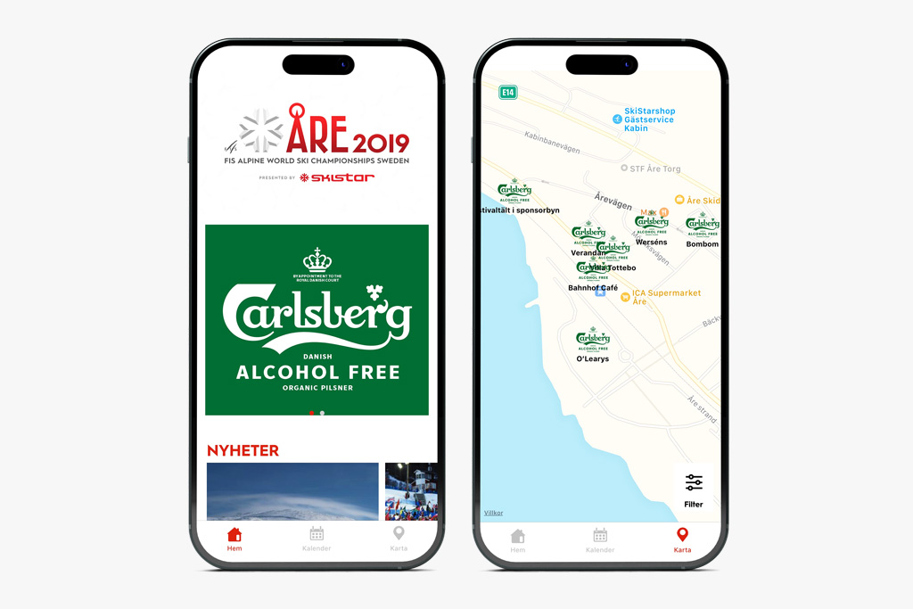 Alpine WC 2019 ads Two mobile phones the showing Alpine WC 2019 app and some of the sponsors and ads
