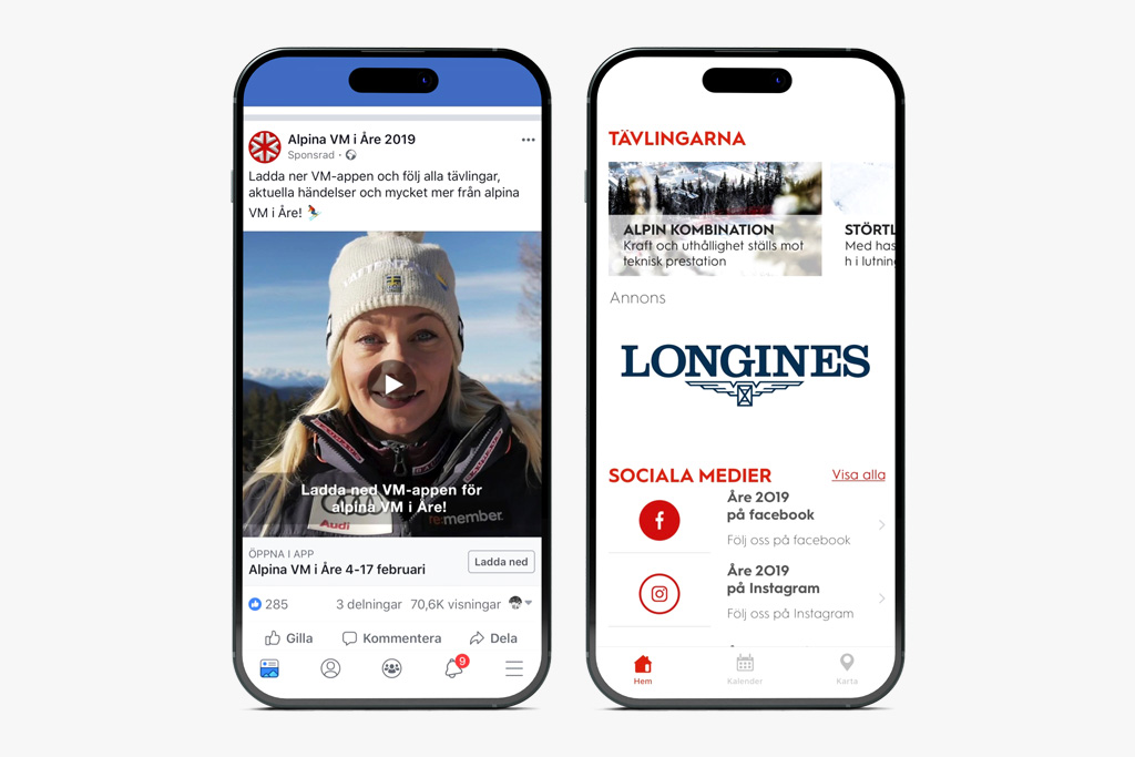 Alpine World Championship 2019 social media mockups Two mobile phones showing Alpine World Championship 2019 on Facebook and in the app