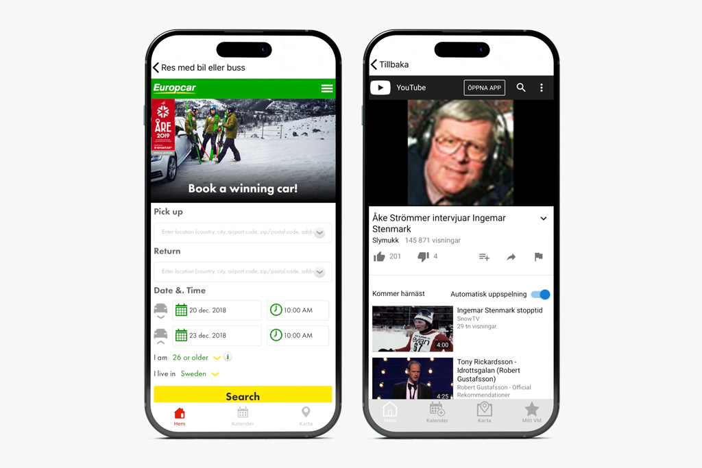 Alpine WC 2019 external links mockups Two mobile phones the showing Alpine WC 2019 app and how they handle external links