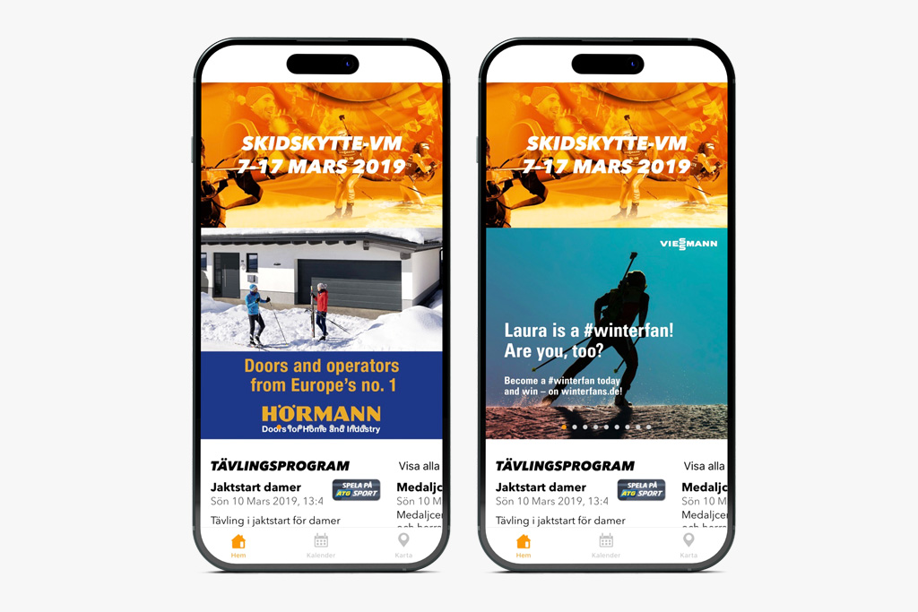 Biathlon World Championship 2019 ads mockups Two mobile phones showing Biathlon World Championship 2019 ads