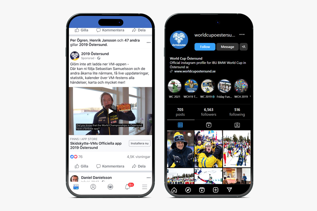 Biathlon World Championship 2019 social media mockups Two mobile phones showing the Biathlon World Championship 2019 Facebook and Instagram pages