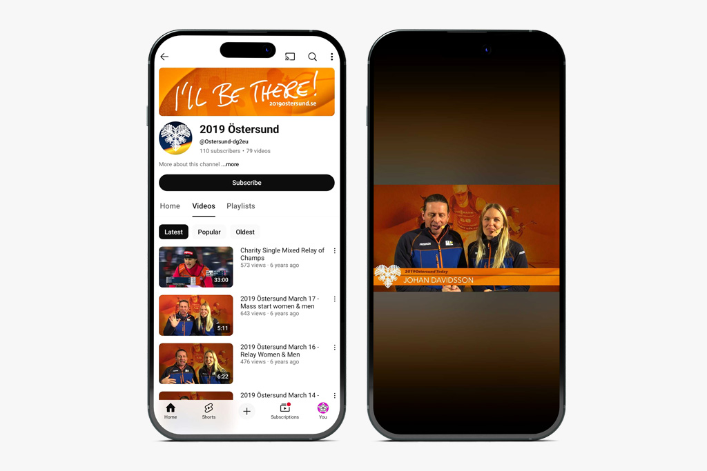 Biathlon World Championship 2019 YouTube mockups Two mobile phones showing the Biathlon World Championship 2019 YouTube presence