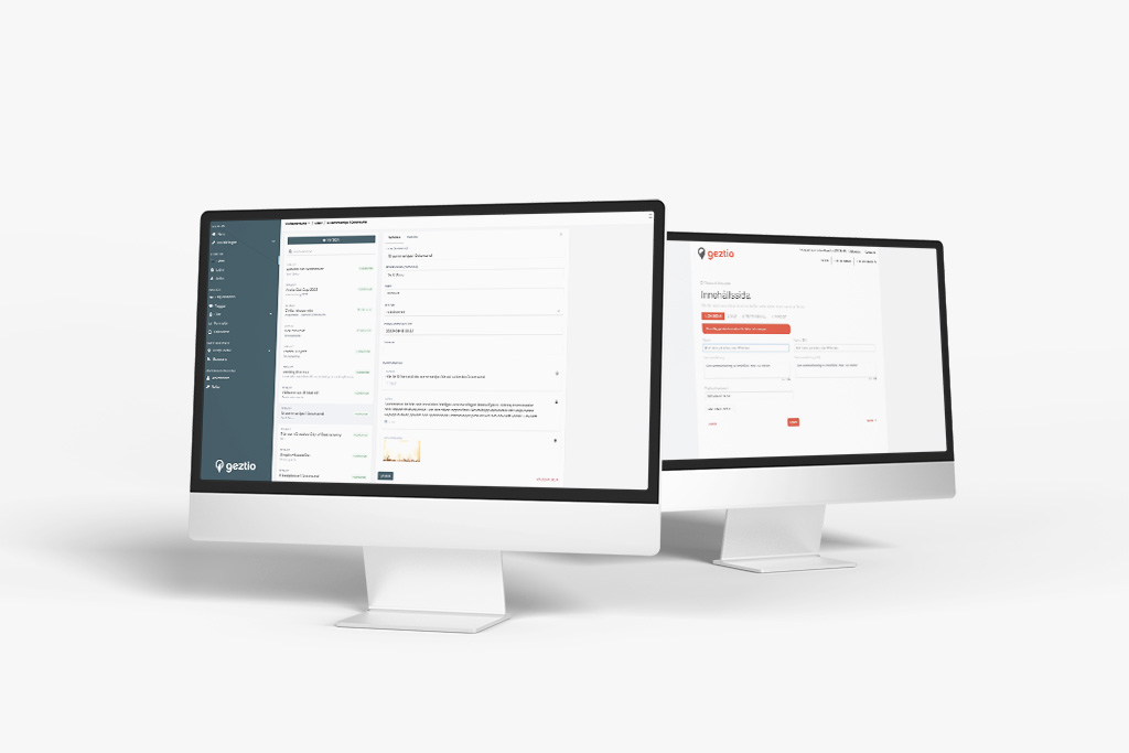 cms-backend Mockup showing two computer screens and the Geztio CMS website