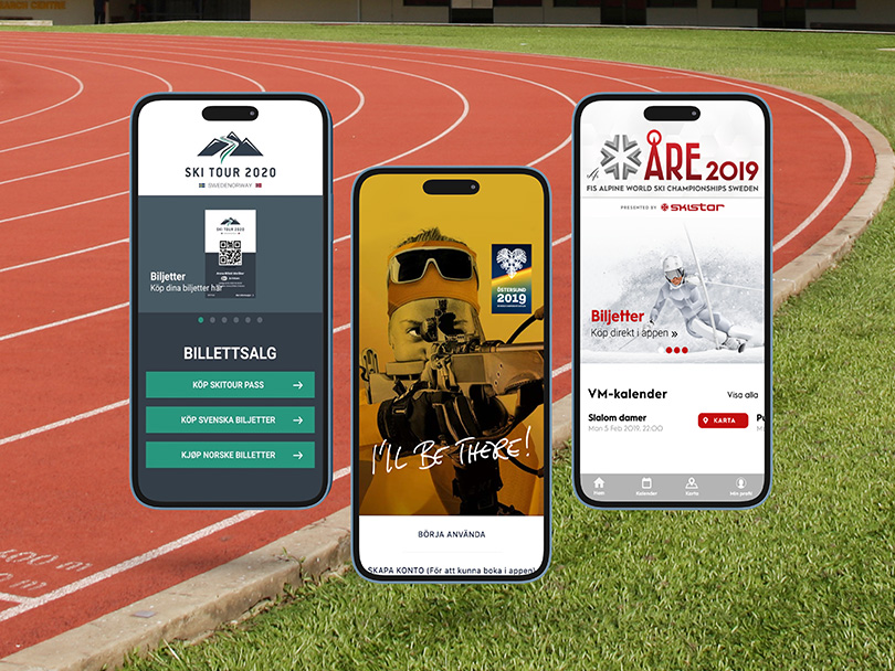Digital platform page main image Mockup image of three smartphones hovering just above the grass in a sports stadium