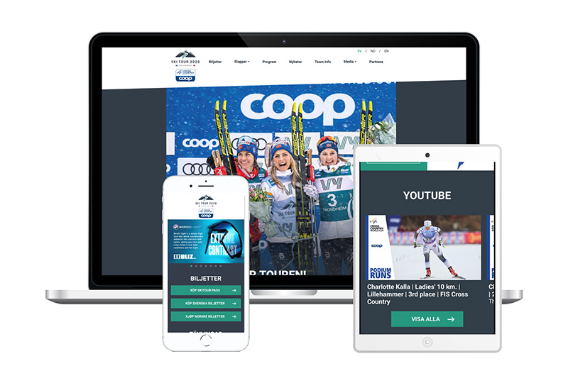 Subpage Ski Tour 2020 header image A set of three devices showing the Ski Tour 2020 app