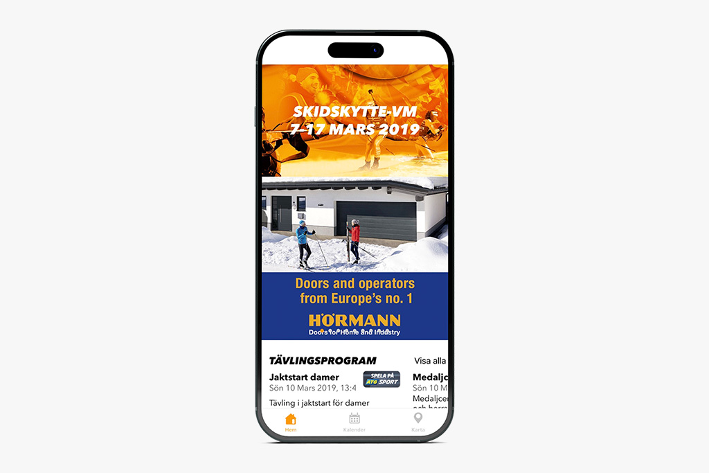 Biathlon World Championship 2019 app mockup A mobile mockup showing a screenshot of the Biathlon World Championship 2019 app