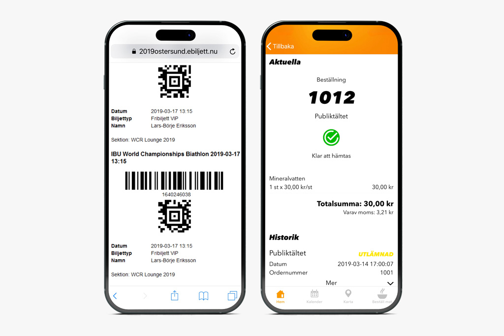 Biathlon World Championship 2019 ticket sales Two mobile phones showing Biathlon World Championship 2019 in-app ticket sales