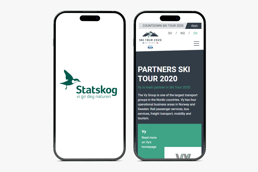 Ski Tour 2020 ads Two mobile phones showing Ski Tour 2020 app and some of the sponsors and ads