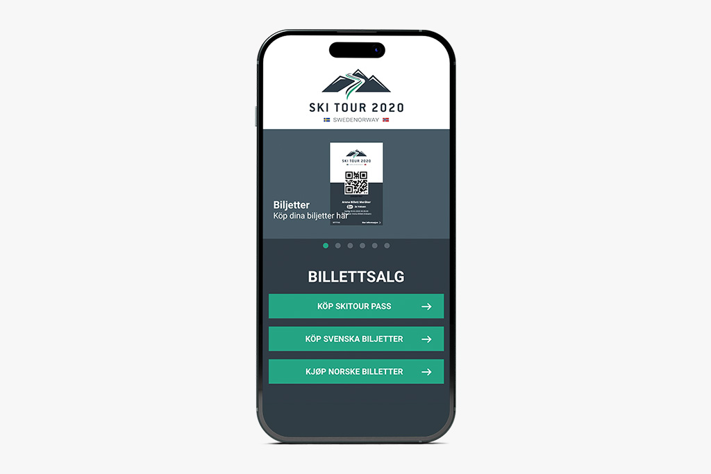 Mobile phone screenshot of the Skitour 2020 ticket page Mobile phone screenshot of the Ski Tour 2020 app showing the ticket page