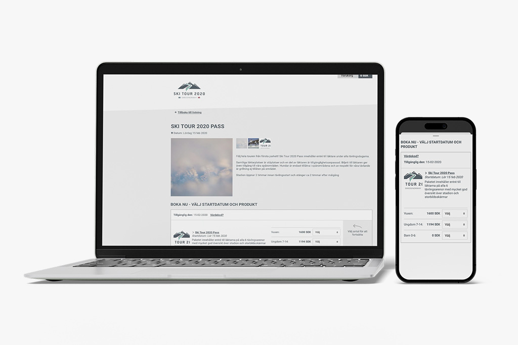 Ski Tour 2020 ticket sales A laptop and mobile showing the 2020 Ski Tour website and the ticket sales